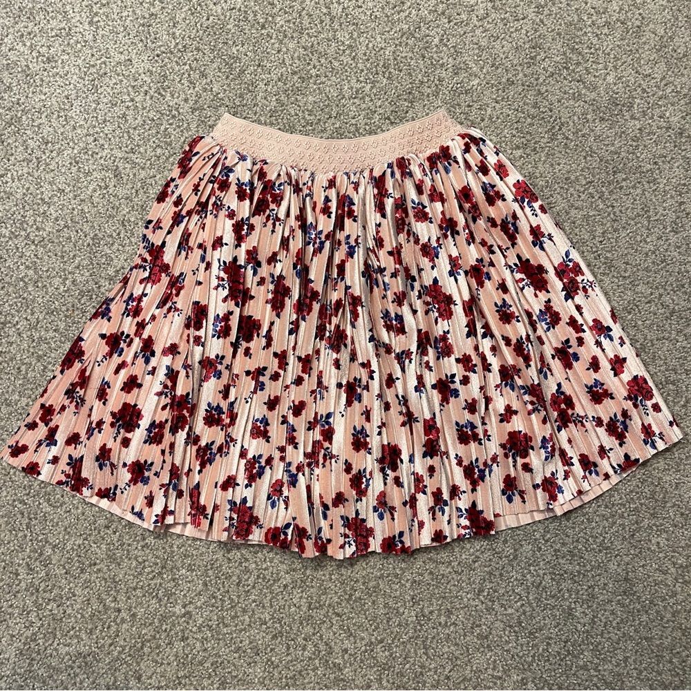 Pippa & Julie Light Pink Velvet Pleated Floral Skirt with Red & Blue Accents